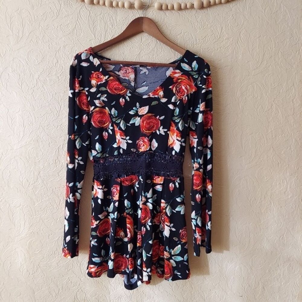 Xhilaration women's romper black red floral v-neck bell sleeve crochet waist